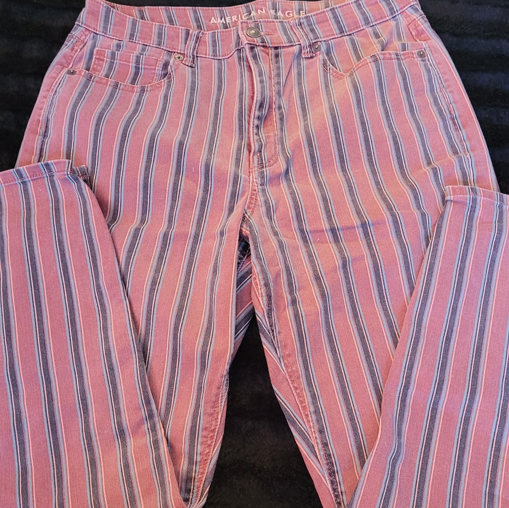 American Eagle Outfitters Women's Striped Jeans - Pink and Blue